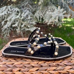 NEW Steve Madden Yalsa Black Jelly Pearl Embellished Flat Slide Sandals.  Size 9